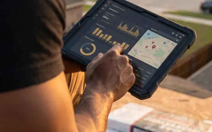 A contractor using a job dashboard on a tablet on site